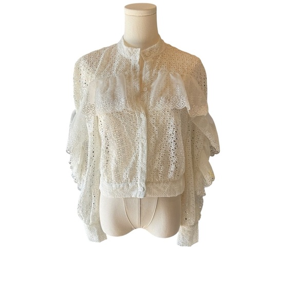 Self-Portrait - Ruffle Cutwork Lace Organza Top White US 4 - Picture 3 of 8